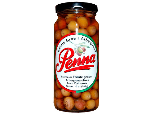 Jar of Penna Estate Grown Arbequina olives from California, featuring light-colored olives and a branded label.