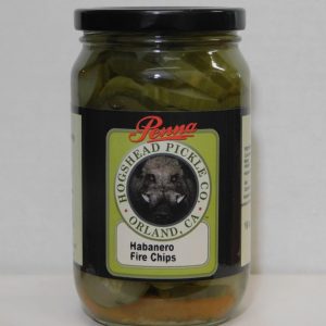 A jar of Penna Hogshead Pickle Co. Habanero Fire Chips from Orland, CA, filled with sliced spicy pickled peppers, shown against a plain background.