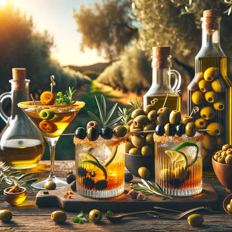 A picturesque outdoor setup featuring cocktails garnished with olives, bottles of olive oil, and bowls filled with green and black olives. The scene is set against a sunlit olive grove, evoking a Mediterranean ambiance with rustic charm