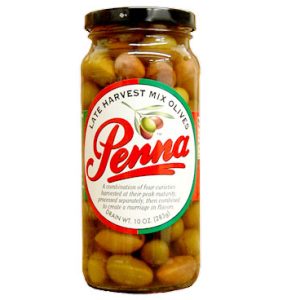 Jar of Late Harvest Mix Olives with a white label and red branding