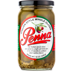 Jar of Italian Style Whole olives with a white label and red branding