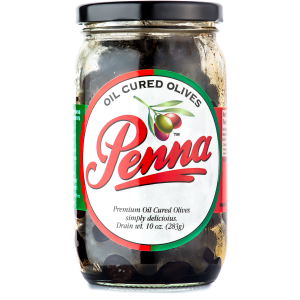 Jar of Penna Oil Cured Olives with a white label and red branding