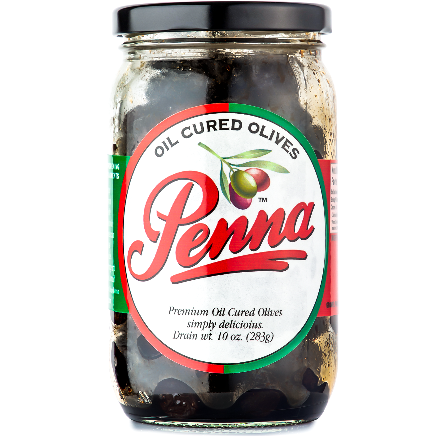 Jar of Penna Oil Cured Olives with a white label and red branding