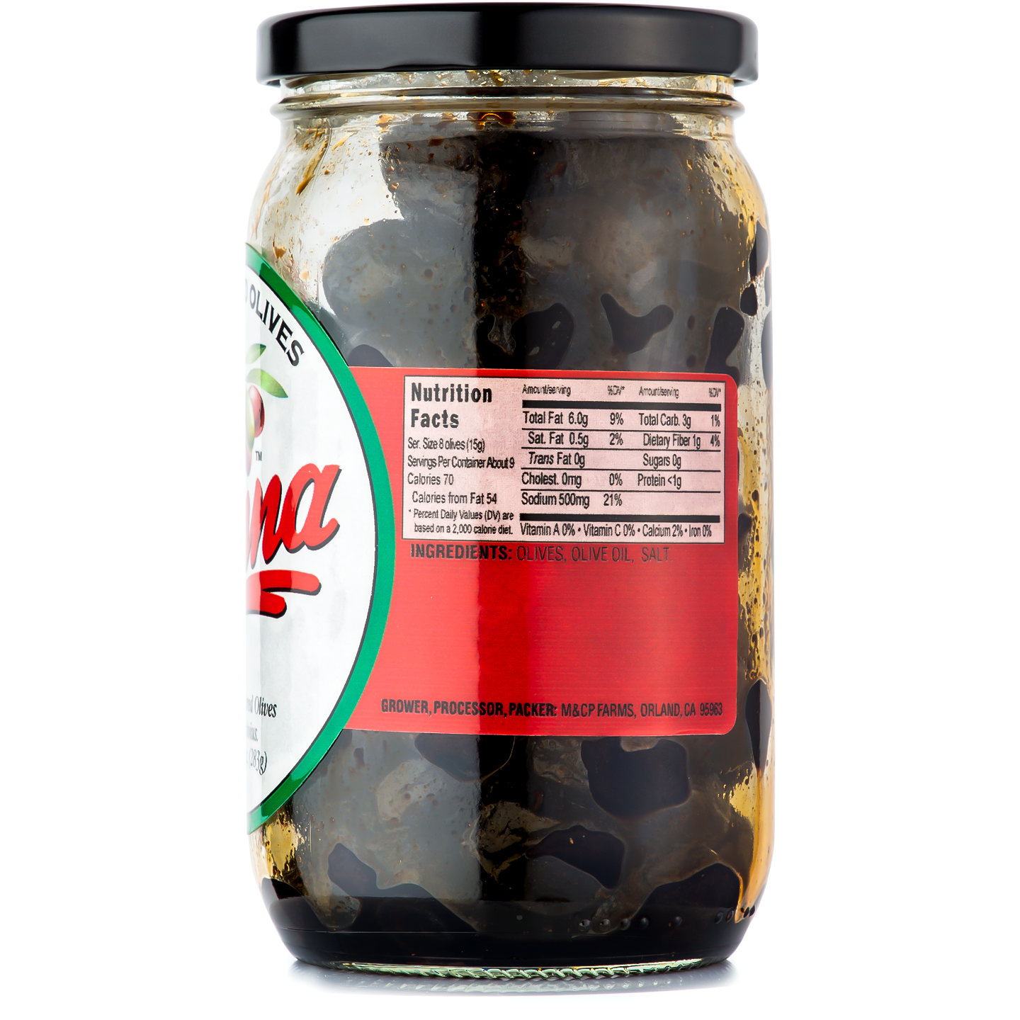 Jar of Pickled Black olives with nutritional values on it