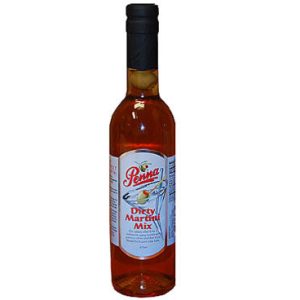 Bottle of dirty martini mix with Penna branding and product information.